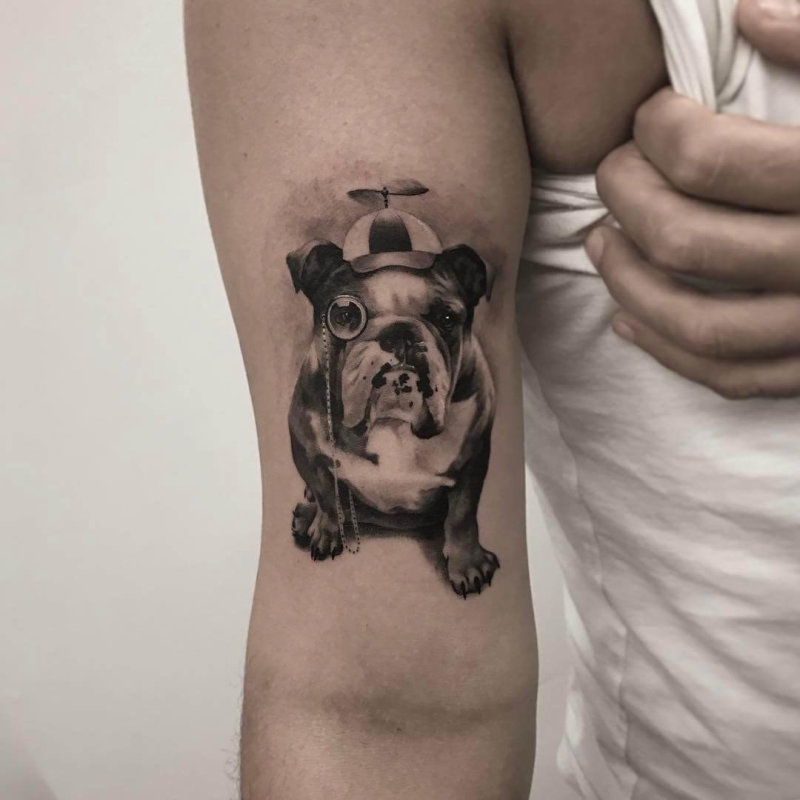 English bulldog with funny hat tattoo